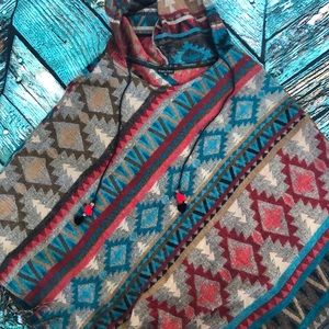 Hooded Printed Poncho-With Tassles